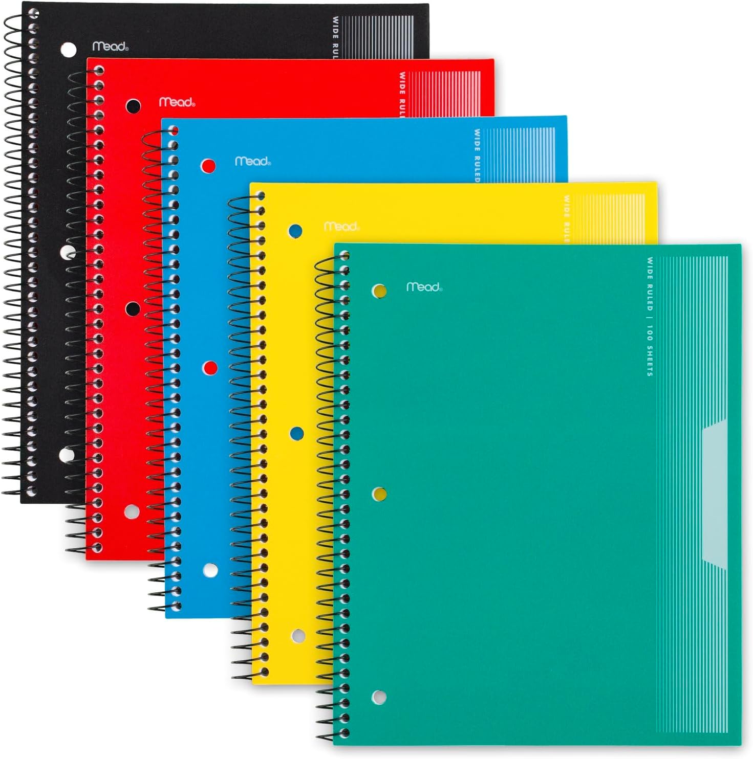 Mead Spiral Notebook, 5 Pack, 1 Subject, Wide Ruled Paper, Plastic Cover, 8" x 10-1/2", 100 Sheets per Notebook, Black, Yellow, Red, Blue and Green (930093)