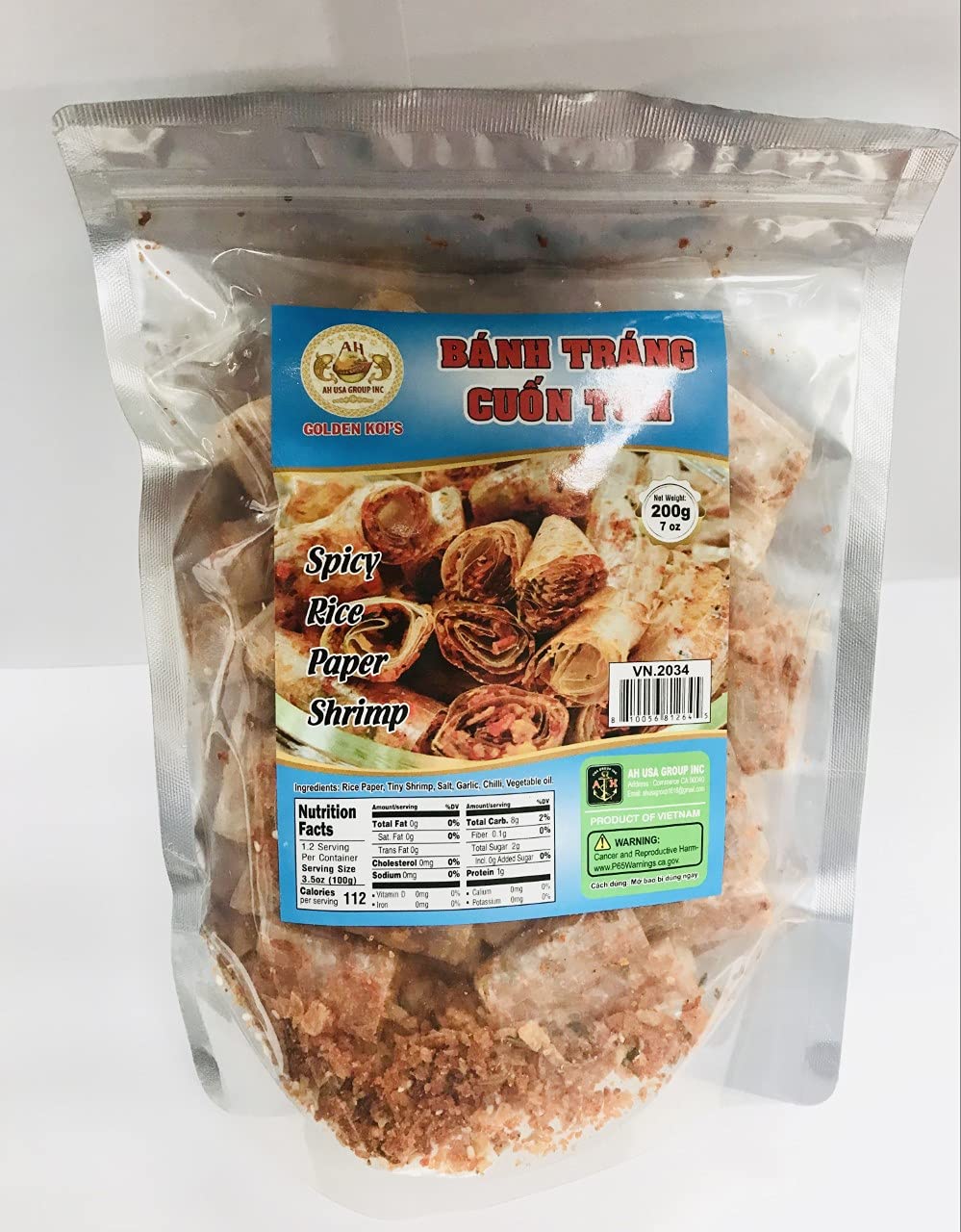 AH USA Group Inc Vietnamese Golden Koi's Spicy Rice Paper Shrimp Roll - Banh Trang Tron Tom - Net wt 200g/ 7oz