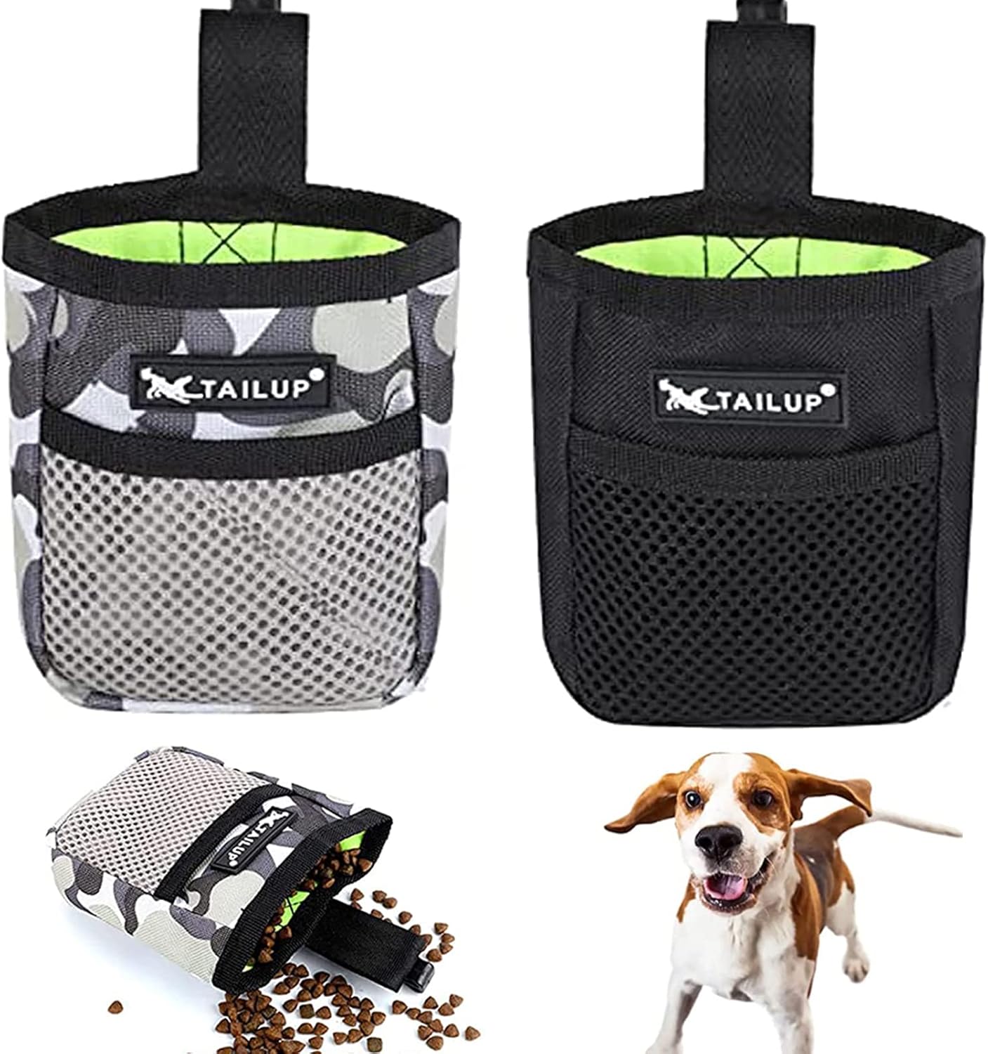 Lanjue 2 Pieces Small Dog Treat Bags, Black and Camouflage Color Dog Treat Pouch with Waist Belt Clip 600D Oxford Cloth Dog Walking Bag Treat Pouch for Dog Training