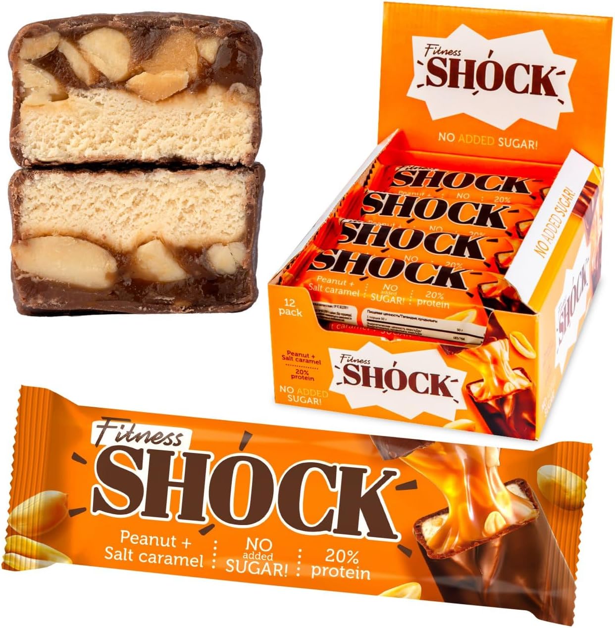 FitnesSHOCK Protein Bar 12pcs no added sugar, 20% protein, low carb (5,5g), rich in fibre, low calorie, 12-pack fitness chocolate bars box, palm oil free, no flour, 12x50g salted peanut caramel flavor