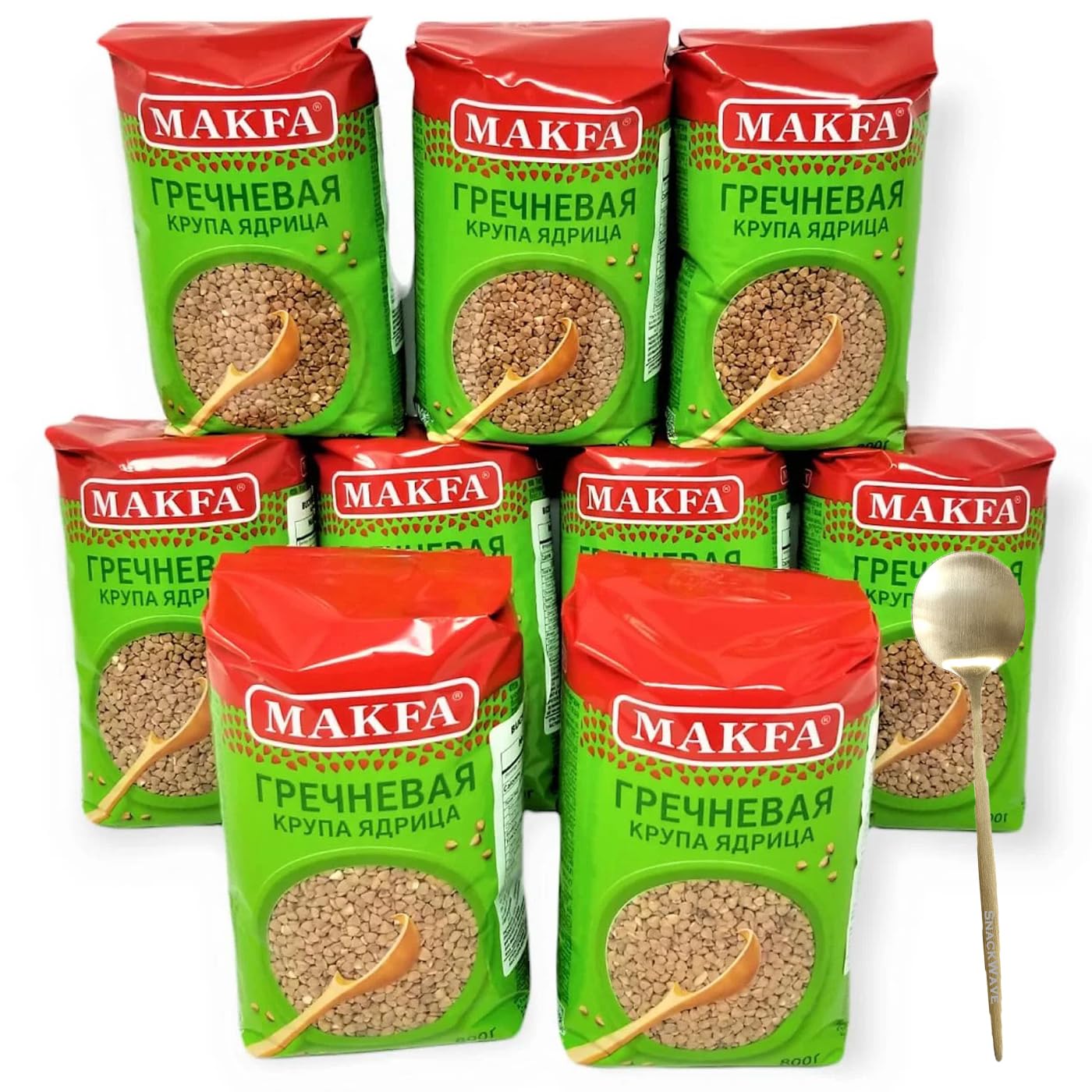 Makfa Buckwheat Groats Premium Quality 800g/28.2oz Kosher Product, Non-Gmo, Grechka Ideal for Weight Loss Diet (Pack of 9) With SnackWave Gold Spoon