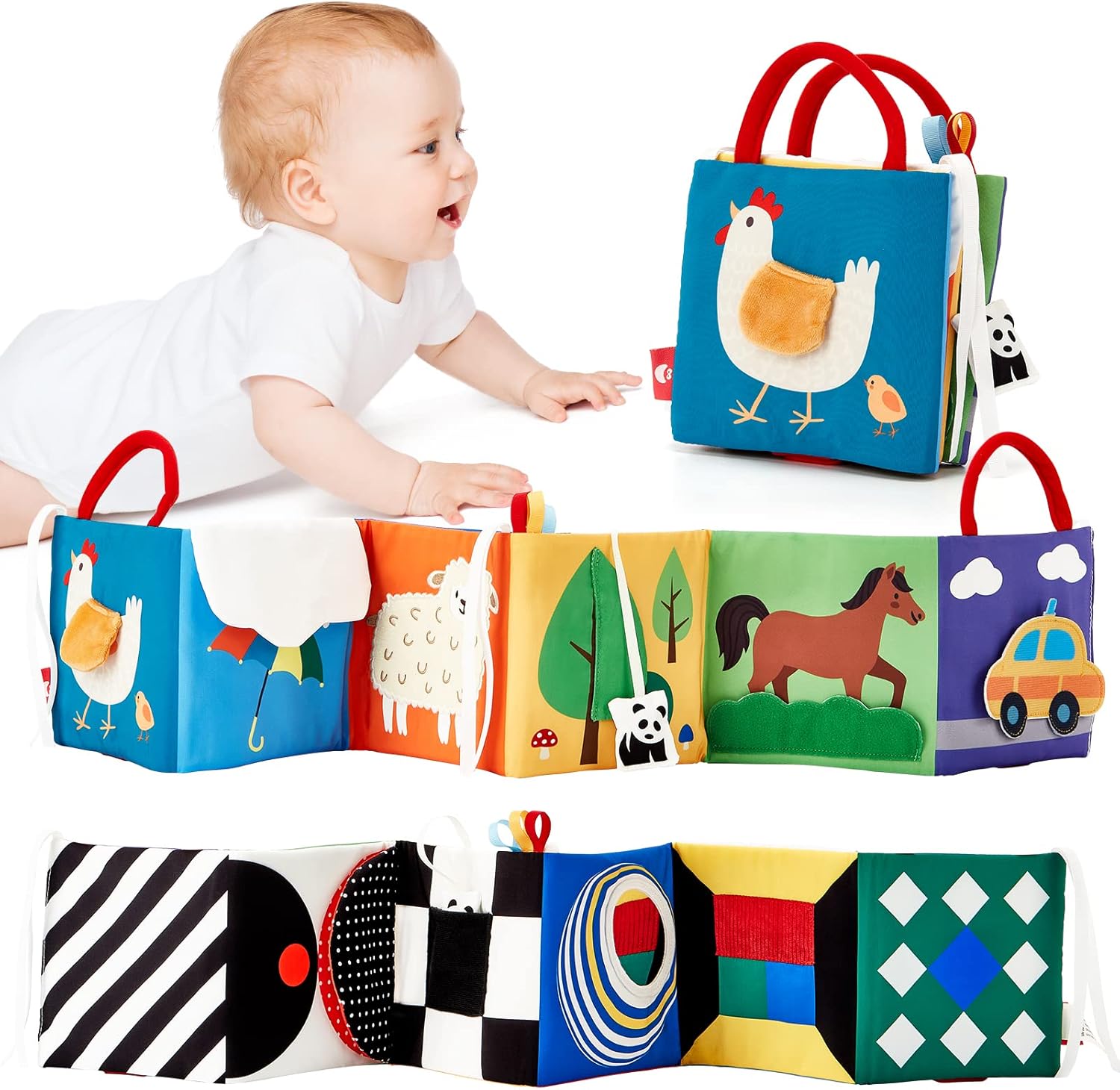 hahaland Baby Toys 0-6 Months - High Contrast Newborn Toys - Baby Tummy Time Books 0-6 Months with Crinkle, Squeaky Sounds, Touch Feel, Visual Stimulation - Birthday Baby Shower Gifts