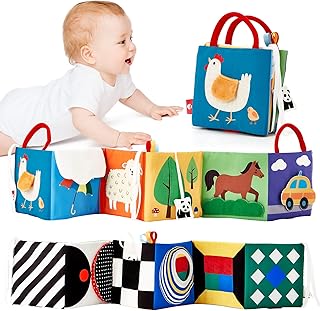 hahaland Baby Toys 0-6 Months - High Contrast Newborn Toys - Baby Tummy Time Books 0-6 Months with Crinkle, Squeaky Sounds, Touch Feel, Visual Stimulation - Birthday Baby Shower Gifts