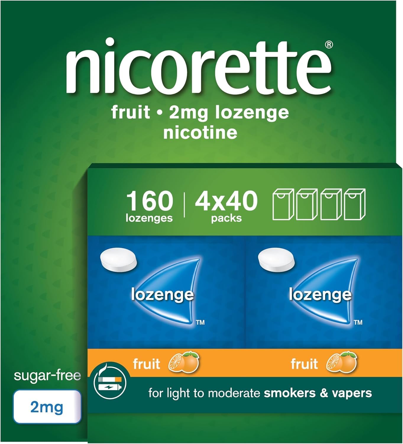 Nicorette Fruit 2mg Lozenge, 160 Pieces (4 x 40 Packs), Effective and Discreet Stop Smoking and Stop Vaping Aid, Nicotine Lozenges with Dual-Layer Fruity Flavour Release (Quit Smoking or Vaping)