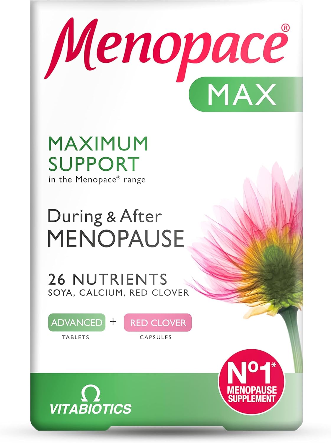 Menopace Max by Vitabiotics - Maximum Menopause & Perimenopause Support With Calcium, Soya Isoflavones & Red Clover - UK's No.1 Menopause Supplement Brand