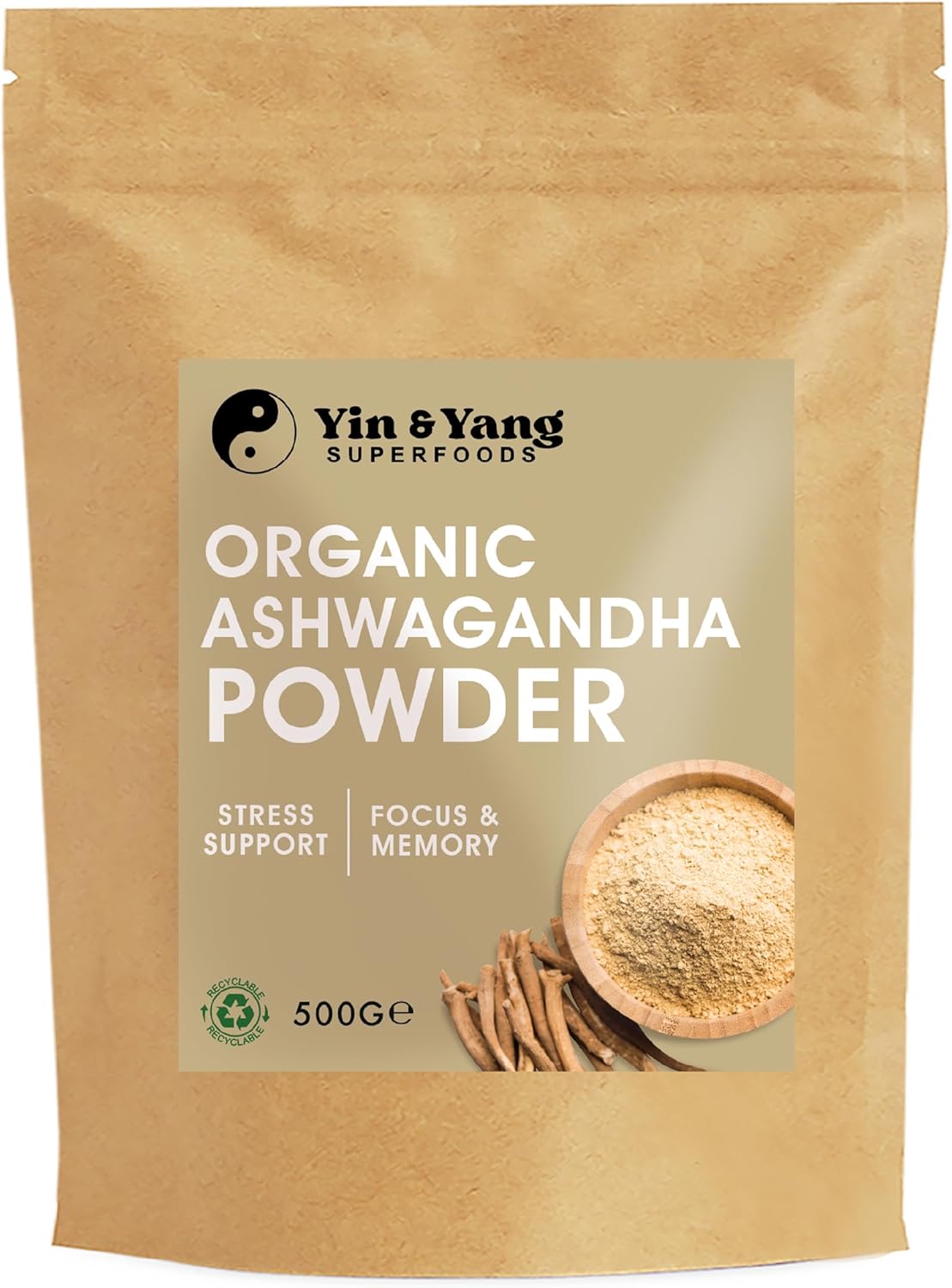 Organic Ashwagandha Powder 500g, by Yin & Yang Superfoods. 100% Pure and Raw - Premium Quality. Vegan, Gluten Free & Palm Oil Free.