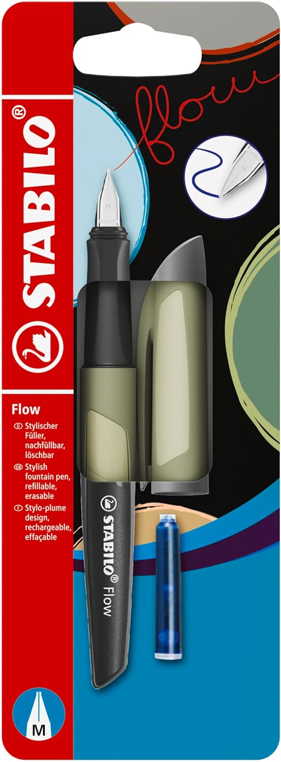 STABILO Flow - Fountain Pen - MONOCHROME - Medium Nib - Pack of 1 - Khaki including Blue Ink Cartridge