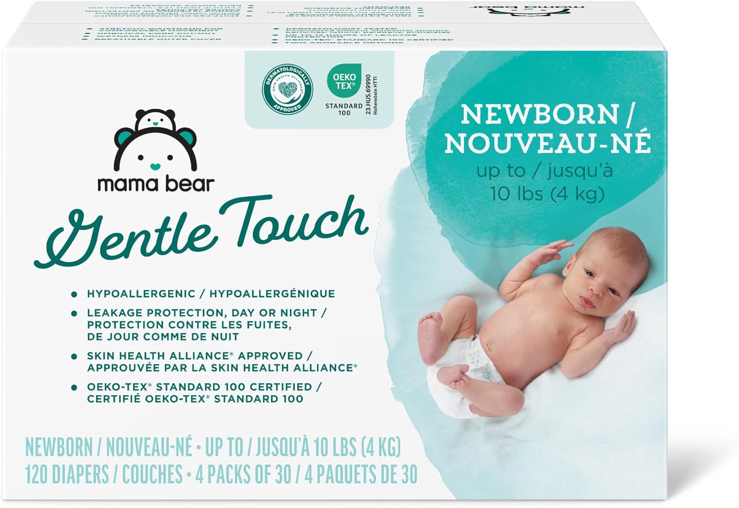 Amazon Brand - Mama Bear Gentle Touch Diapers, Size Newborn, 120 Count (4 packs of 30)