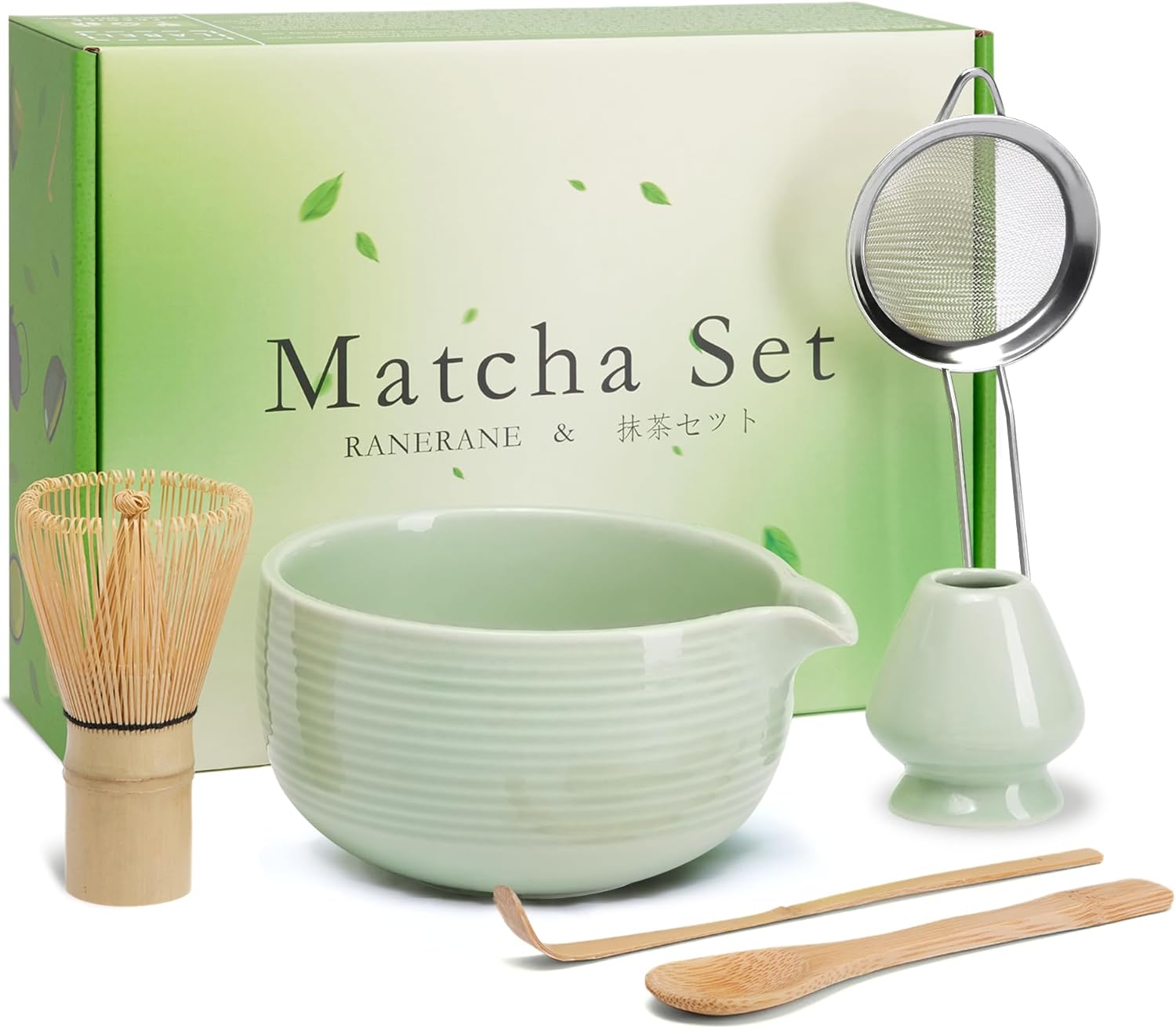 Matcha Whisk and Bowl with Ceramic Matcha Whisk Holder,Matcha Sifter, Matcha Spoon and Scoop Handmade from Natural Bamboo,Matcha Making Kit Cyan