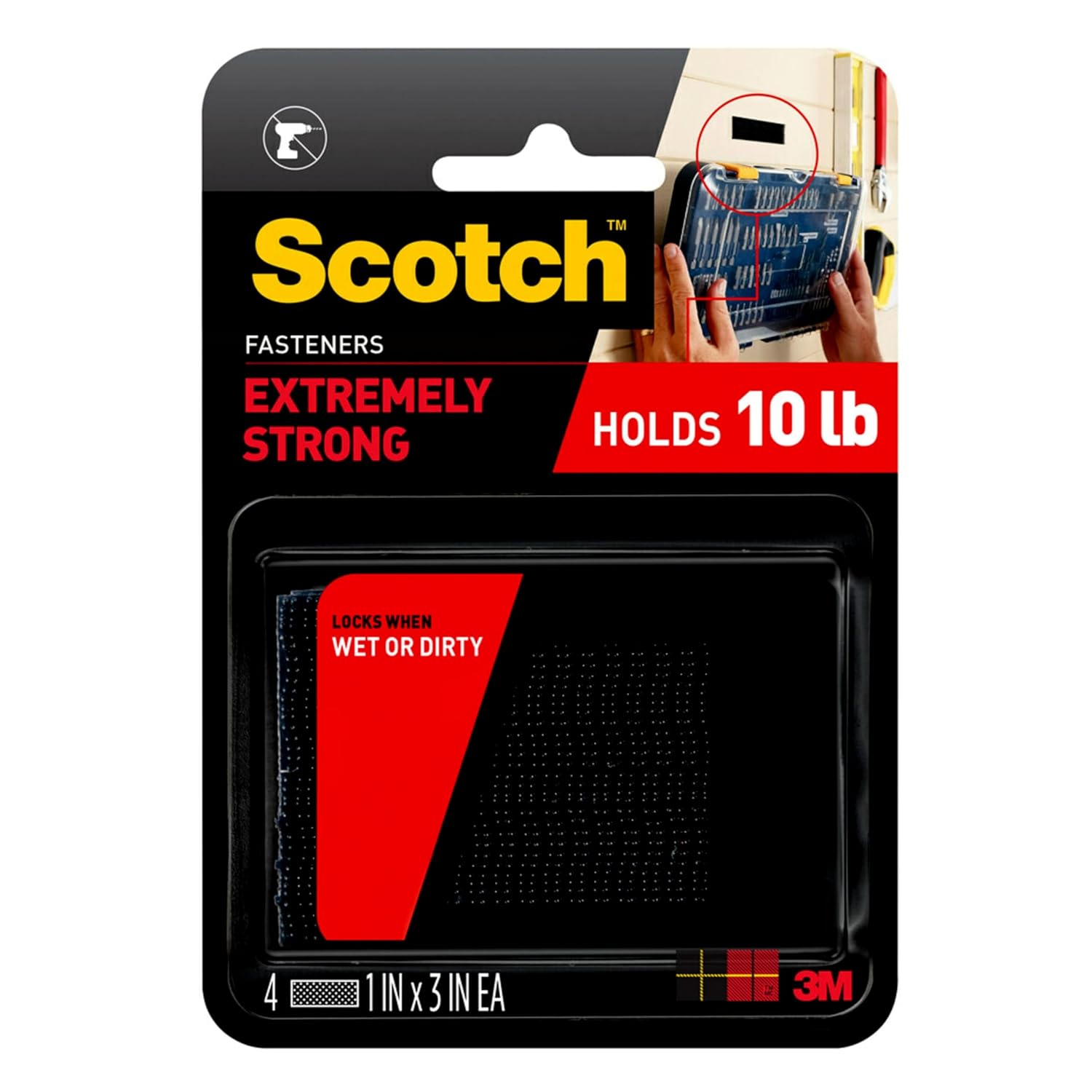 Scotch Extreme Interlocking Fasteners, 4 Strips, 1" x 3", Delivers Powerful Bond on Contact, Weather, Dirt & UV Resistant, 1 Set Holds 2 lbs., Designed With Reclosable Dual-Lock Technology (RF6731)