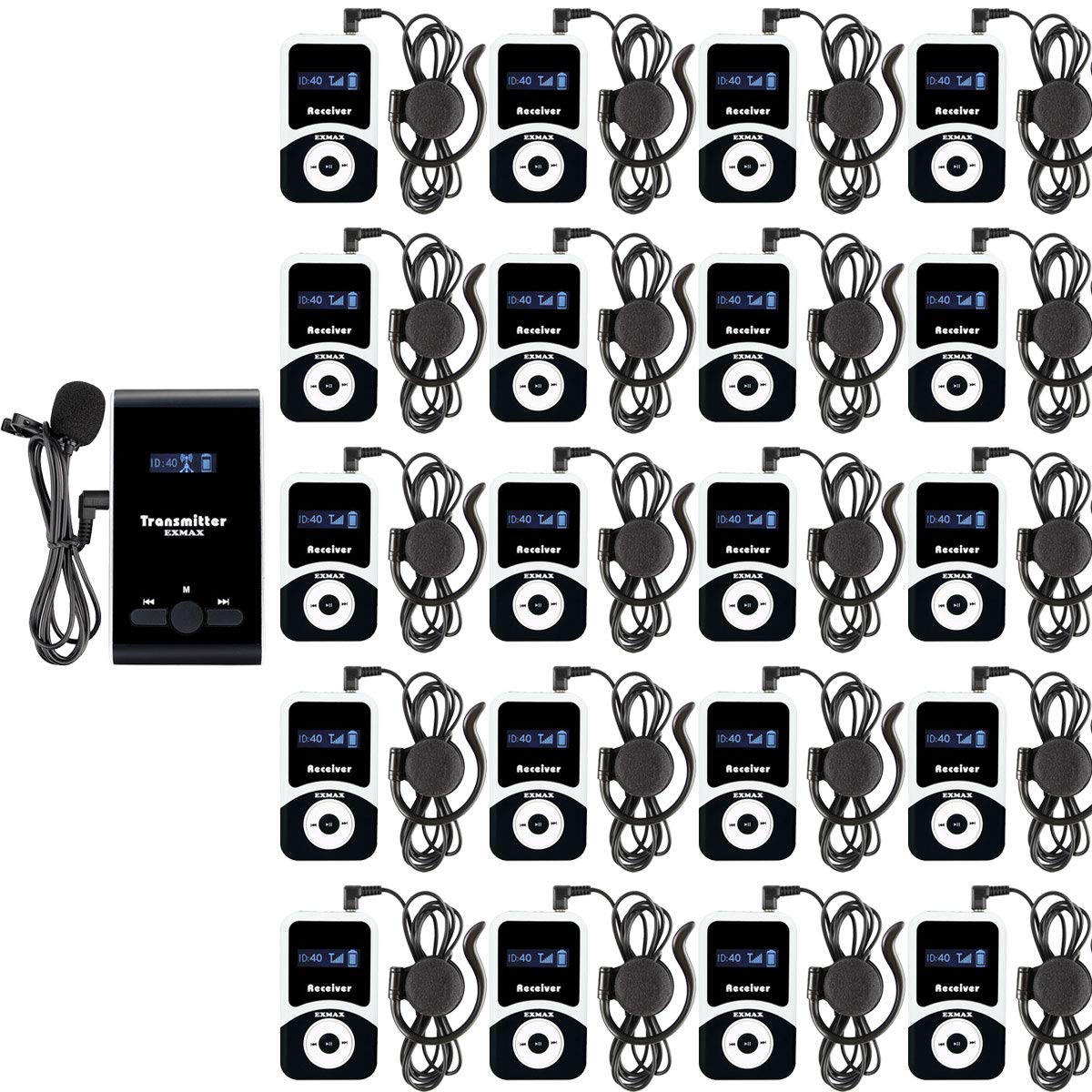 EXMAX ATG-100T 195MHz Wireless Tour Guide Microphone Interpreter Transmitter System Translation Equipment Simultaneous Interpreting for Church Churches Tours Travel(1 Transmitter 20 Receivers)