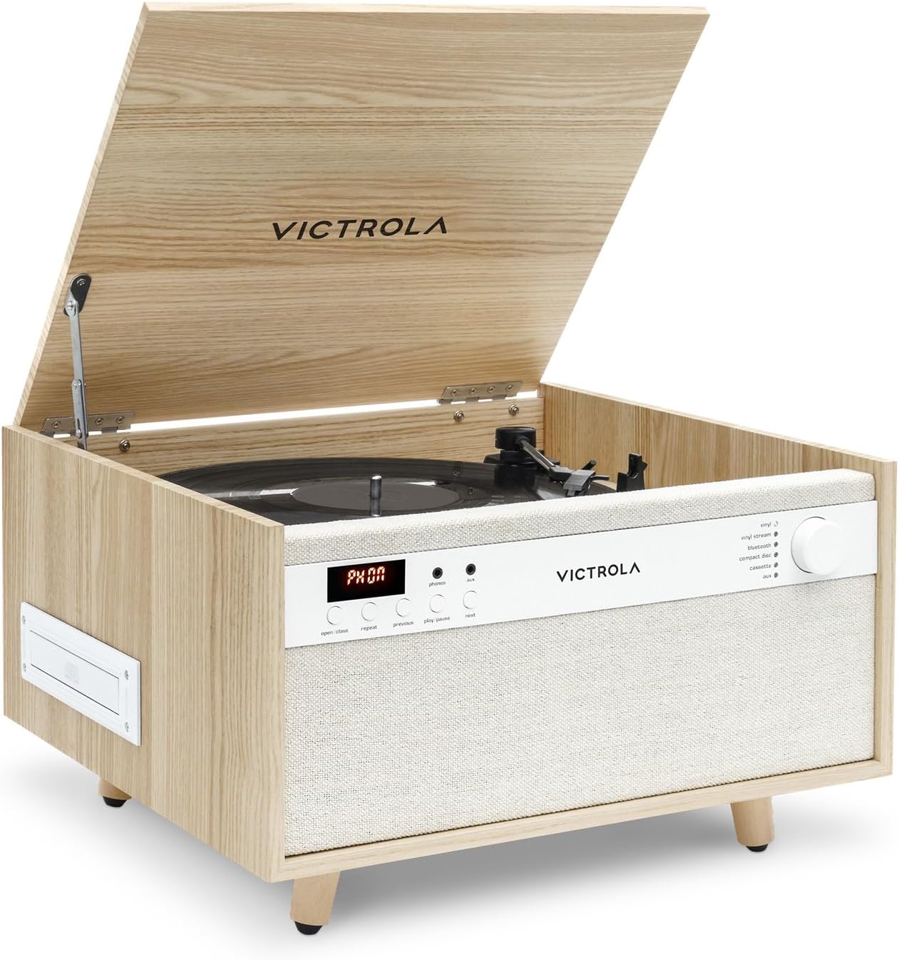 Victrola Century 6-in-1 Vinyl Record Player & Music Center – 3-Speed Turntable, CD & Cassette Player, VINYLSTREAM, Bluetooth & 3.5mm Aux, Record Player with Speakers, Mid Century Design (Natural)