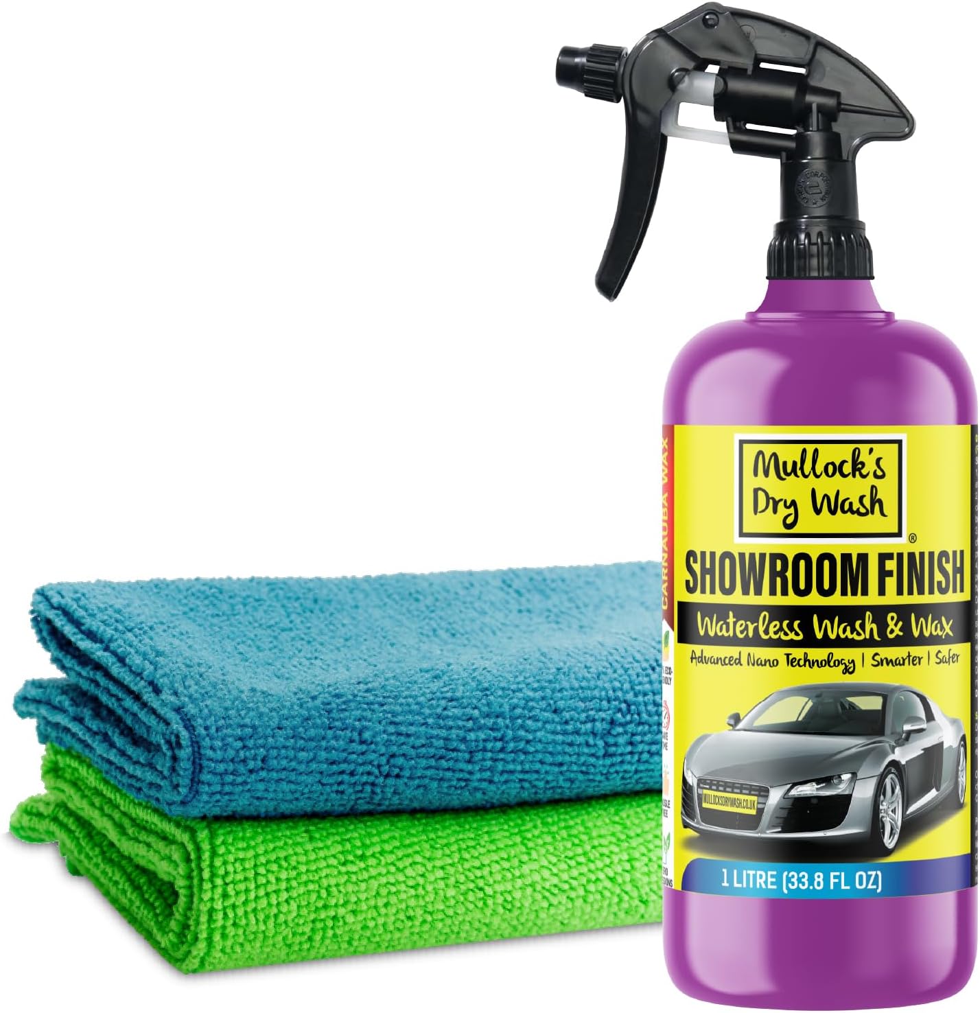 Mullock's Dry Wash & Wax Spray - Waterless Car Wash Cleaner with Carnauba Nano Wax Technology for a Showroom Finish - Eco-Friendly $ Easy to Use (With Microfibre Cloths)