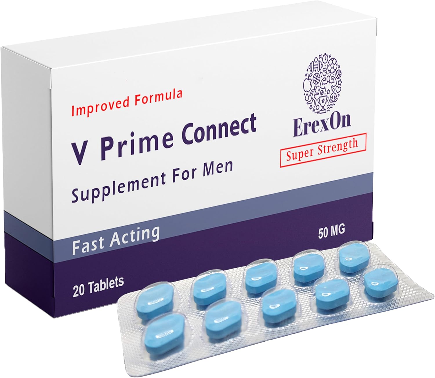 Erexon - V Prime Connect 20 Blue Pills for Men - 50MG Powerful and Fast Acting Tablets - Naturally Extracted Blue Pill Supplement for Energy and Stamina Support - Male Performance & Enhancement