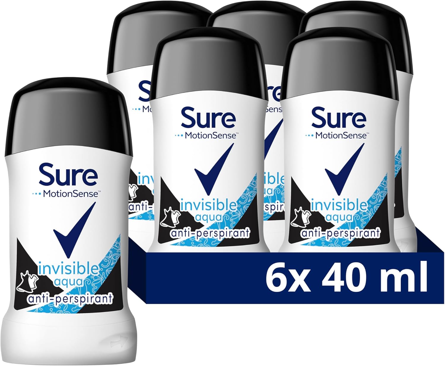 Sure Invisible Aqua Anti-Perspirant Cream Women's Deodorant Stick that protects against white marks and yellow stains for 48 hour protection against sweat and odour 6x 40 ml