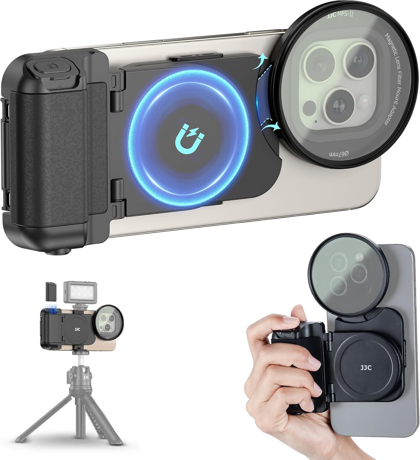 (1+1) 67mm Magnetic Phone Lens Filter Adapter + Phone Snap Grip for iPhone 16 15 14 Pro/Pro Max Plus, Lens Filter Ring Adapter with 1/4-20" Screw & Cold Shoe Pull-Out to fit Pro Max