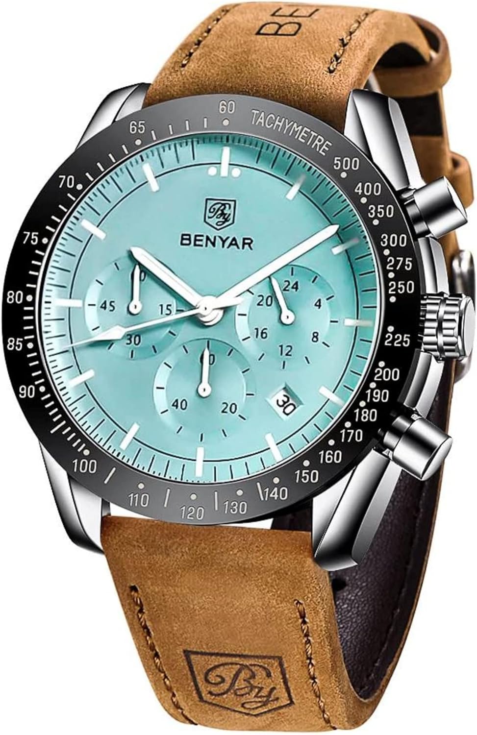 BY BENYAR Mens Watches Analog Quartz Chronograph Waterproof Men's Wrist Watches Business Casual Fashion Classic Designer Elegant Dress Watch with Calendar Leather/Stainless Steel Strap Gifts for Men