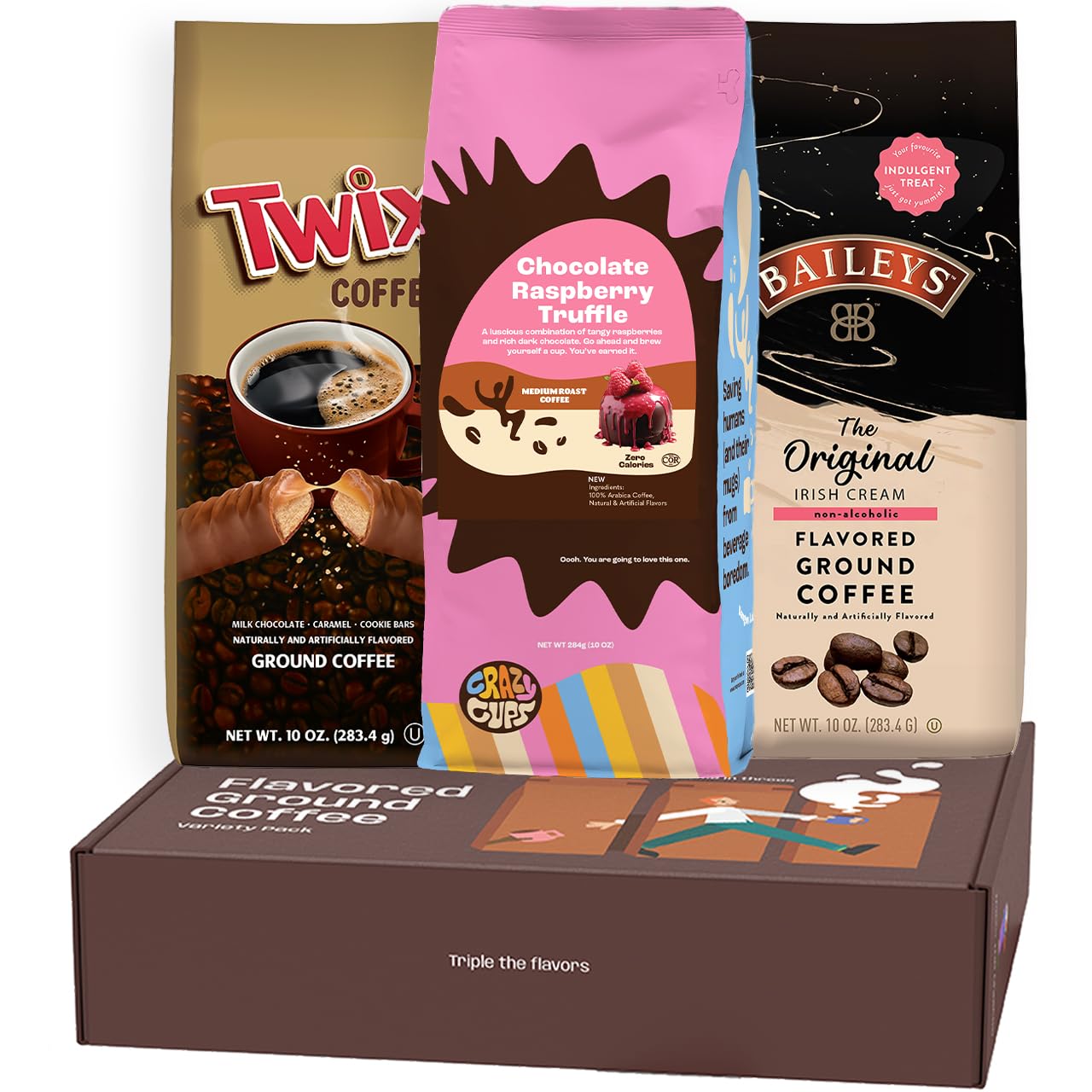 Perfect Samplers Flavored Ground Coffee Gift Box Variety Pack, Twix, Baileys Original, Chocolate Raspberry Coffee, Medium Roast Ground Coffee Sampler, 3 Pack