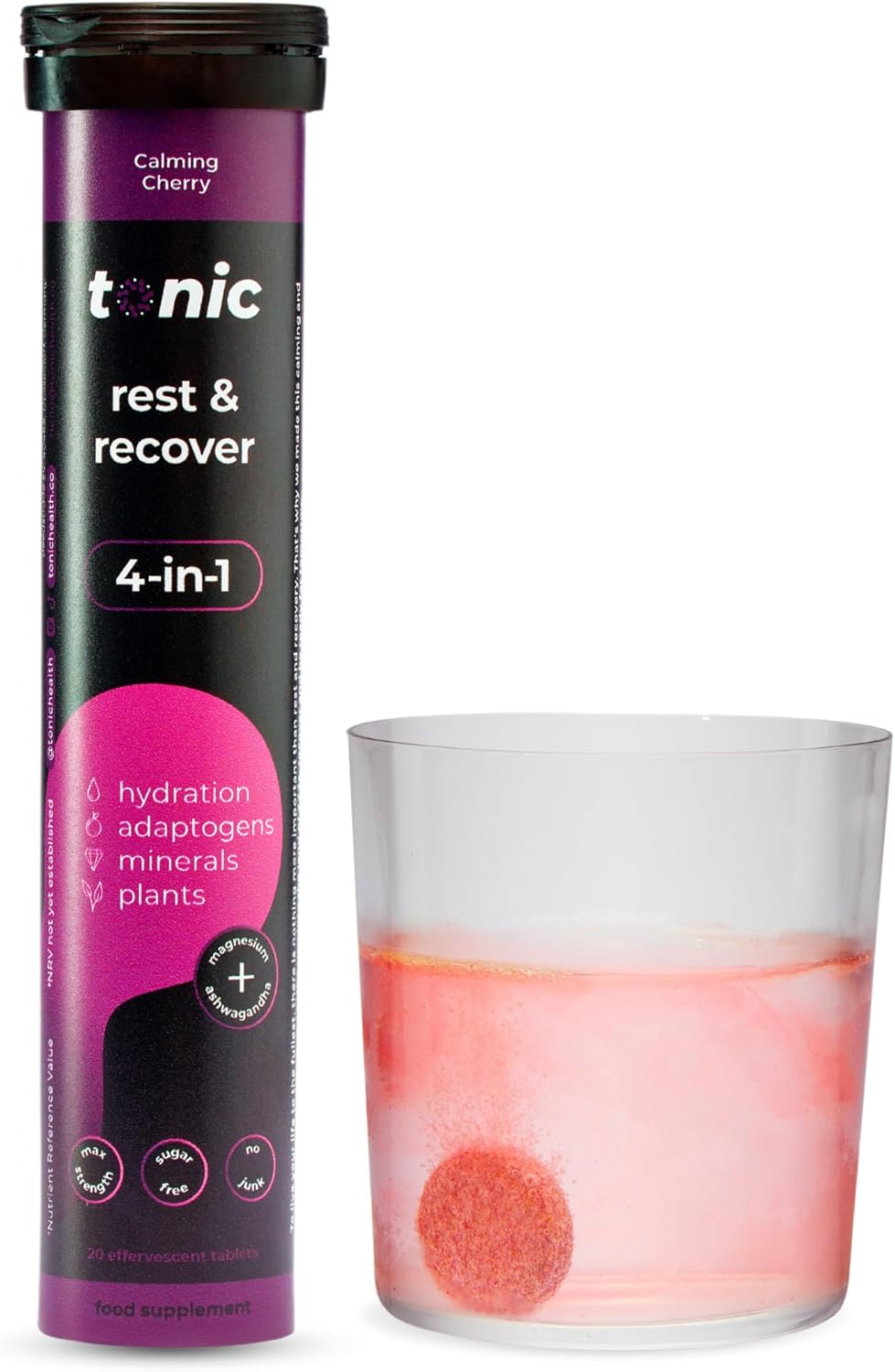 Tonic Health Rest and Recovery Effervescent Tablets - 300mg Elemental Magnesium, Ashwagandha, Lemon Balm - No Sugar, Magnesium Glycinate - Relax and Recharge, Calming Cherry 20 Count