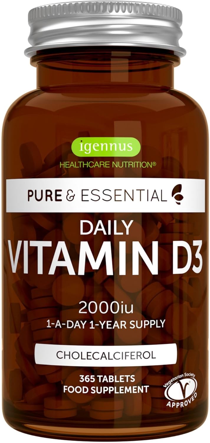 Igennus Pure Vitamin D3 2000iu, Clean Label, 365 Small Tablets, 1-Year Supply, Vegetarian High Absorption Cholecalciferol Vitamin D Supplement