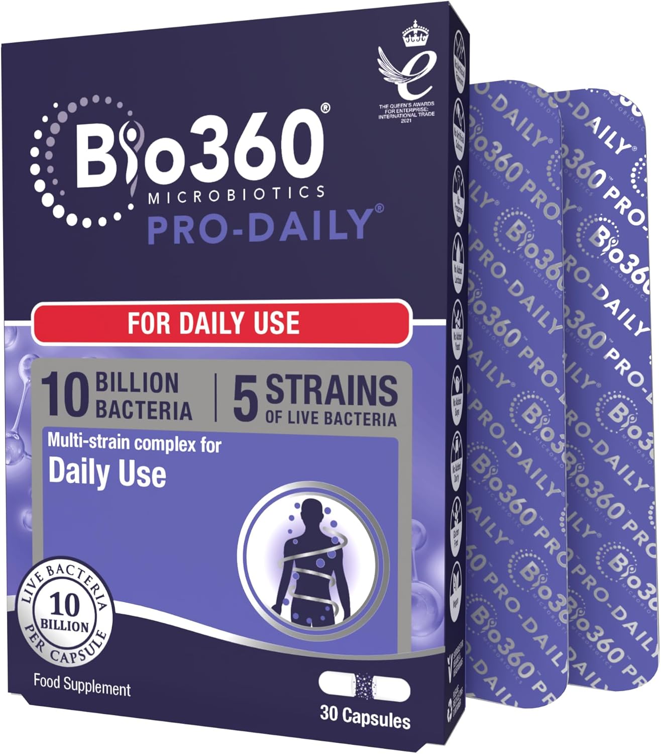 Natures Aid Bio360 Pro-Daily Probiotic 10 Billion Bacteria CFU – Supports Gut Digestive & Immune Health – Vegan Gluten Free Non-GMO – High Strength Live Cultures for Gut Digestion Health – 30 Capsules