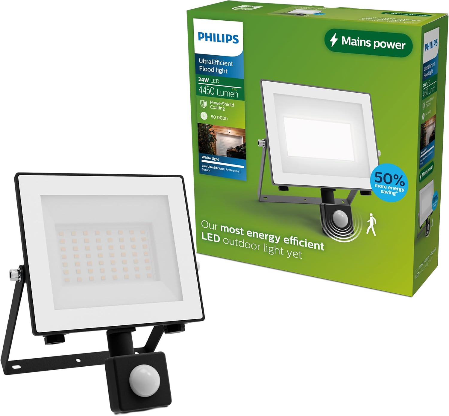 Philips Lois UltraEfficient Outdoor Floodlight with Sensor, White, 24 W