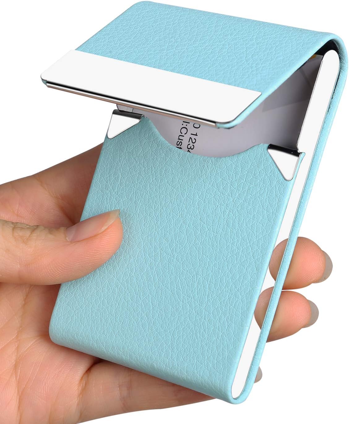 JuneLsy Professional Business Card Holder Case PU Leather Metal Name Card Holder Pocket Business Card Carrier for Men & Women with Magnetic Shut (Light Blue-y)