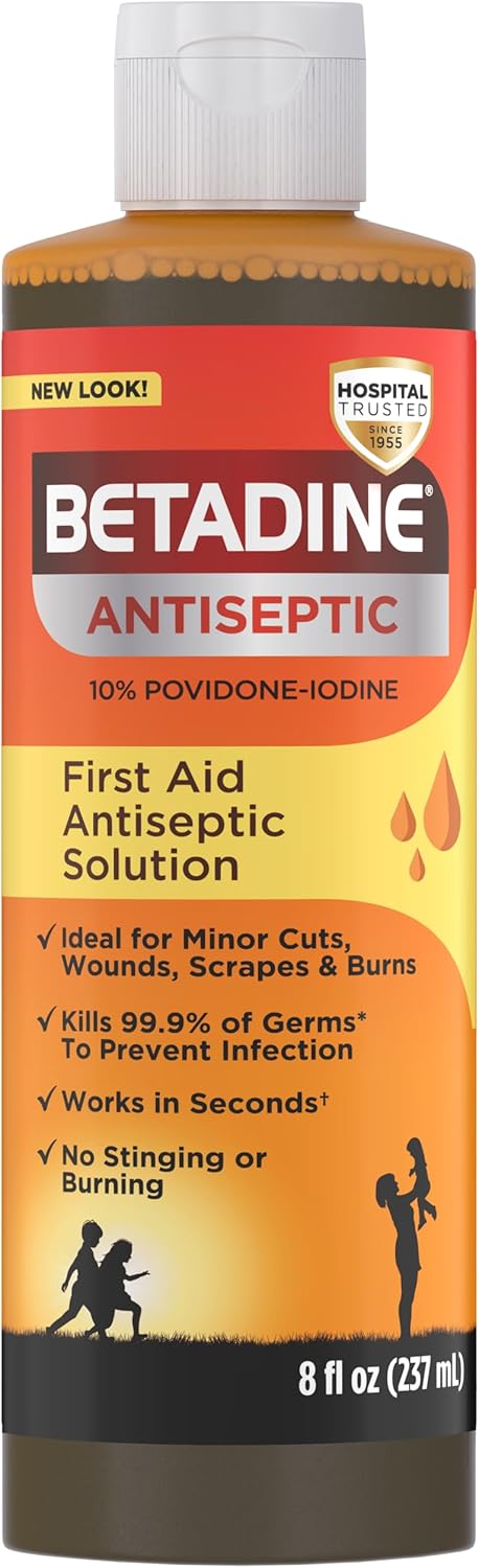 Betadine Antiseptic Liquid First Aid Solution, Povidone-iodine 10%, Infection Protection, Kills Germs In Minor Cuts Scrapes And Burns, No Sting Promise, No Alcohol or Hydrogen Peroxide, 8 FL OZ