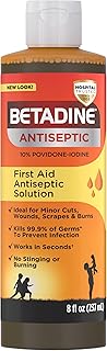 Betadine Antiseptic Liquid First Aid Solution, Povidone-iodine 10%, Infection Protection, Kills Germs In Minor Cuts Scrapes And Burns, No Sting Promise, No Alcohol or Hydrogen Peroxide, 8 FL OZ