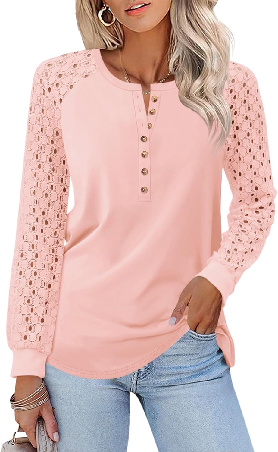 Minetom Women's Lace Long Sleeve Tops Henley Shirts Casual Blouses Tees