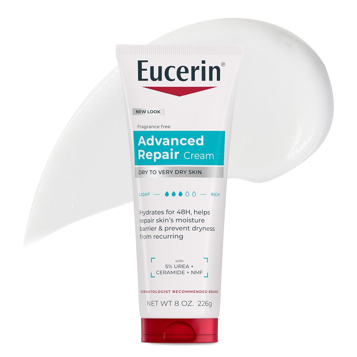 Eucerin Advanced Repair Body Cream, Urea Enriched, Unscented Body Cream for Dry Skin With Triple Moisturizing Complex, 8 OZ Tube