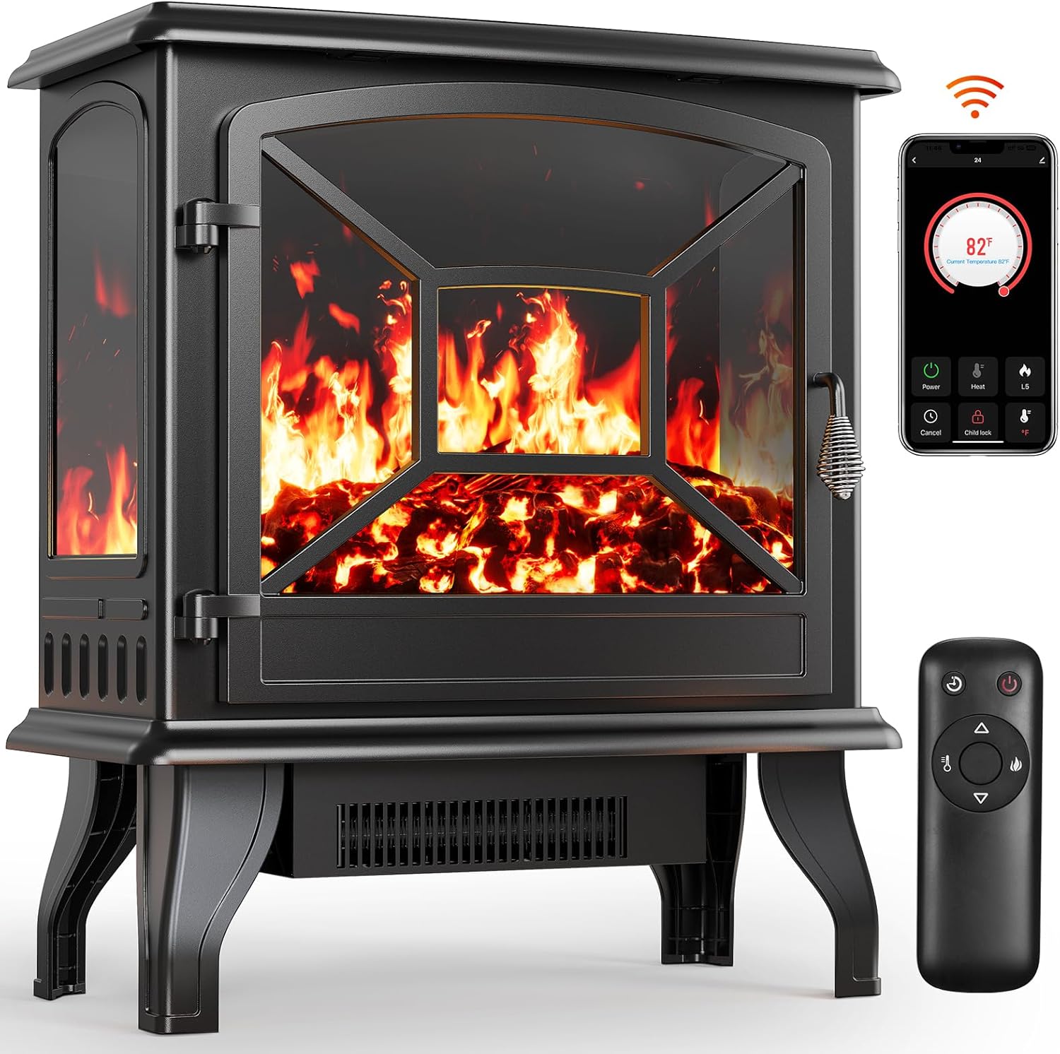 Silonn Electric Fireplace Heater,5300 BTU Portable Fireplace with App & Remote,24″/60cm Electric Corner Fireplace Low Noise with 5 Brightness Levels,Temp Control & Timer for Living Room,Bedroom