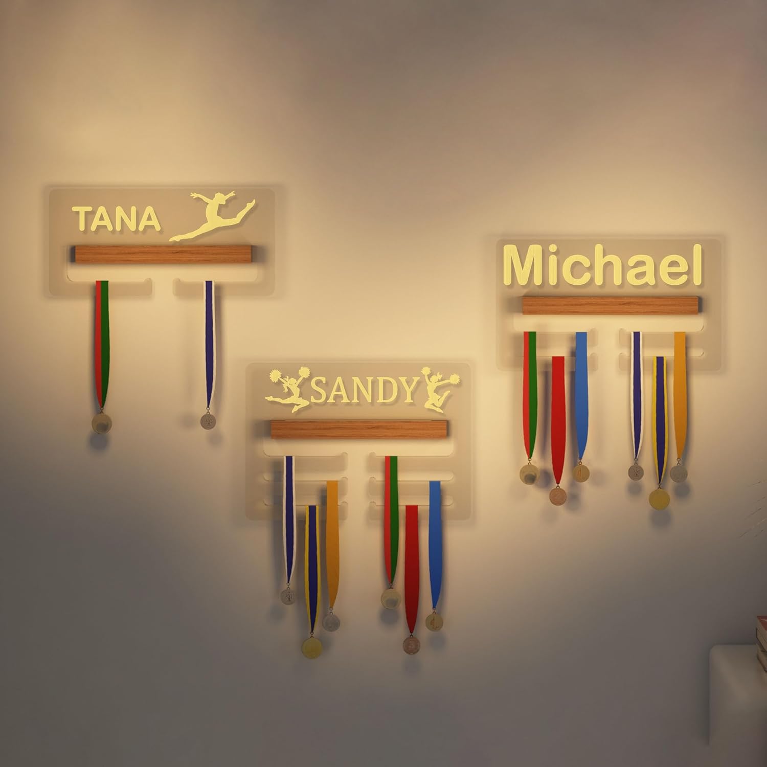 CoolGift Mart Customized Light Up Medal Hanger Display, Sports Themed Ribbon Holder for Wall - Tiered Award Rack