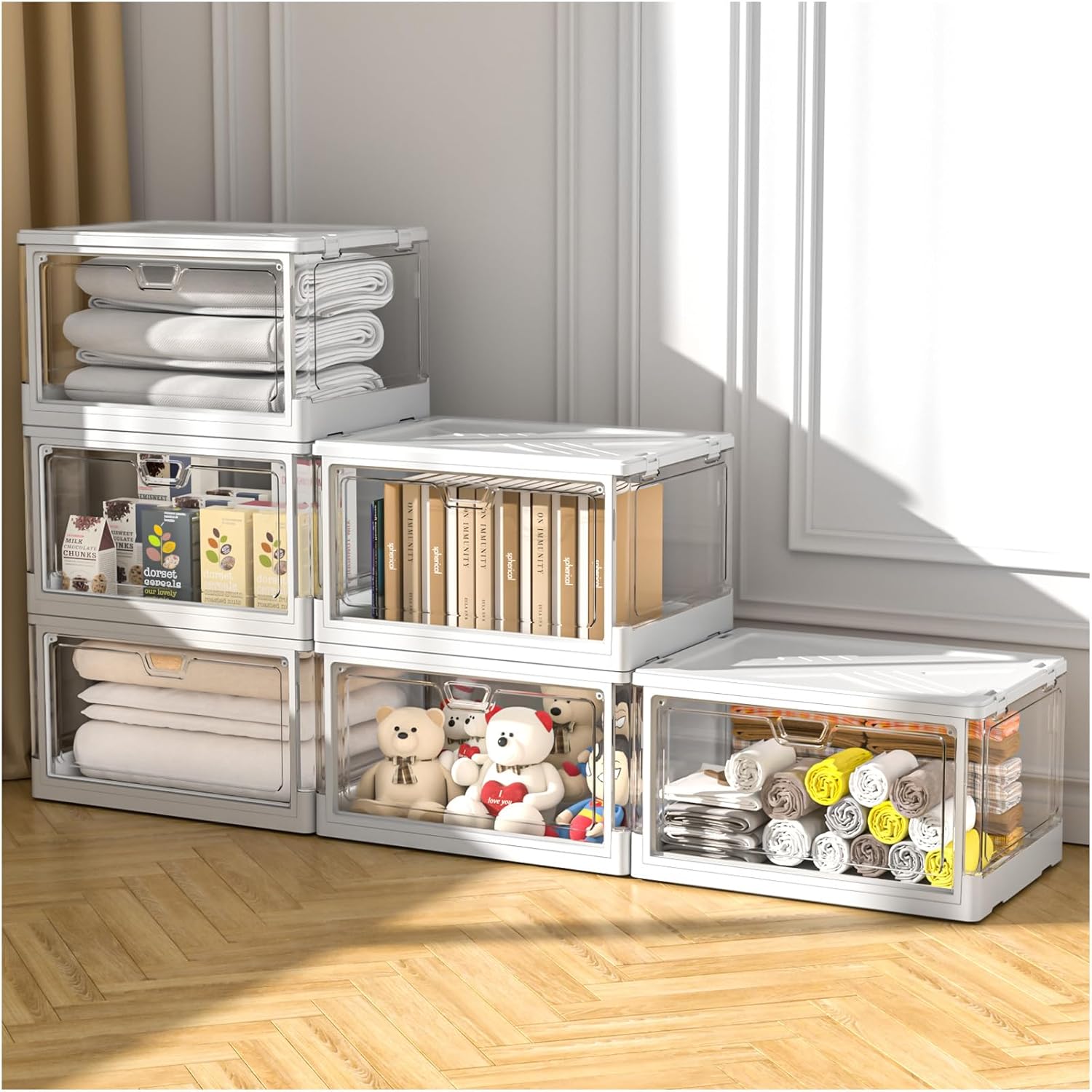 Clear Storage Bins with Lids 3 Packs - 24Qt Stackable Storage Bins, Acrylic Organizers , Plastic Multifunctional Folding Storage Bins, Collapsible Stackable Storage Box for Bedroom, Living Room