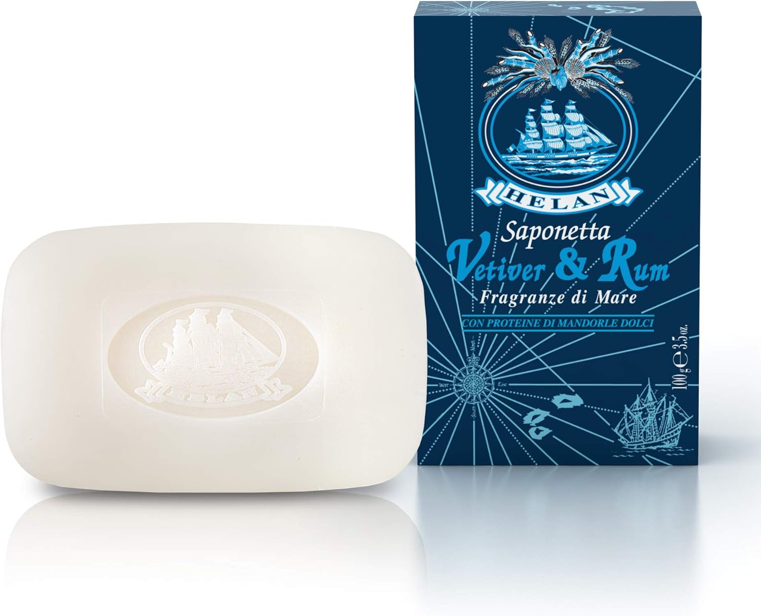 Helan Vetiver & Rum - Solid Hand Soap & Body Soap for a Gentle & Natural Cleansing - Scented Soap Bar for Soft, Moisturised & Hygienised Skin, Enriched with Sweet Almond Oil - Made in Italy, 100 g