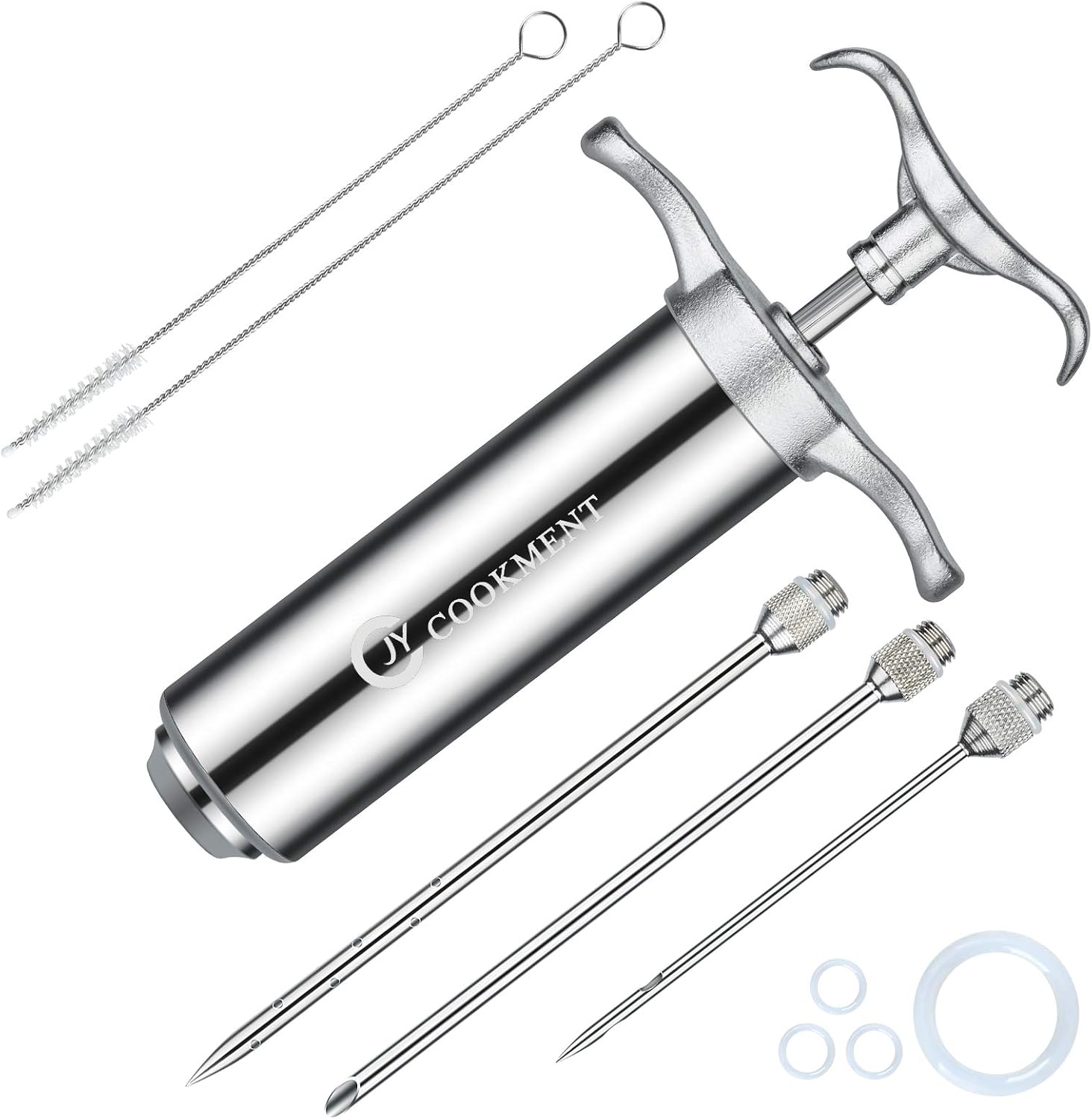 JY COOKMENT Meat Injector Syringe 2-oz Marinade Flavor Barrel 304 Stainless Steel with 3 Professional Needles 2 Cleaning Brushes and 4 Silicone O-Rings