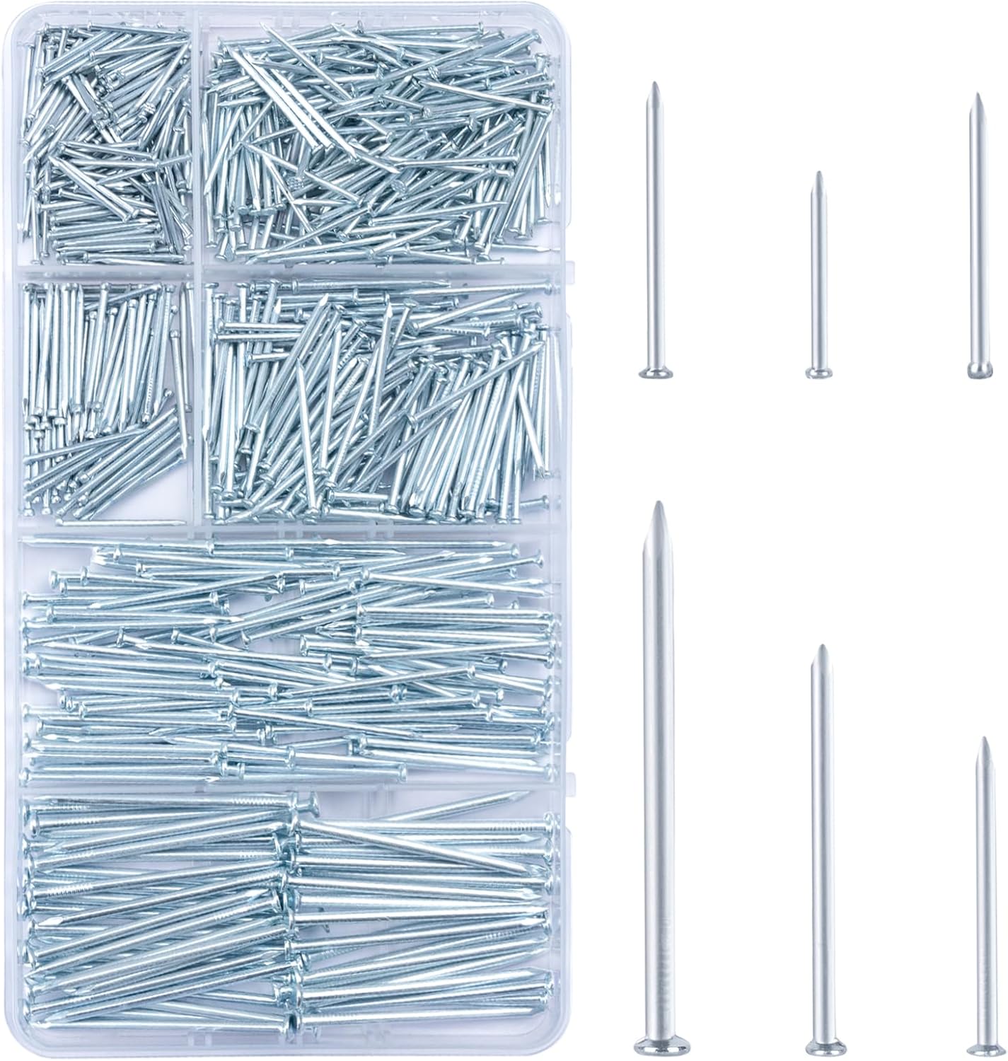KURUI 700pcs Hardware Nails for Hanging Pictures, Up to 2"-Long Finish Nails Assortment Kit for Wall Art Decor, 640 Frame Nails and 60 Small Finishing Nails for Drywall Wood - Silver Picture Hangers