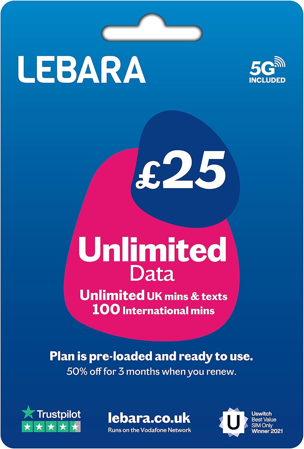 Lebara UK Unlimited Data Pay As You Go SIM Card, Unlimited UK Minutes & Texts, 100 International minutes for £25