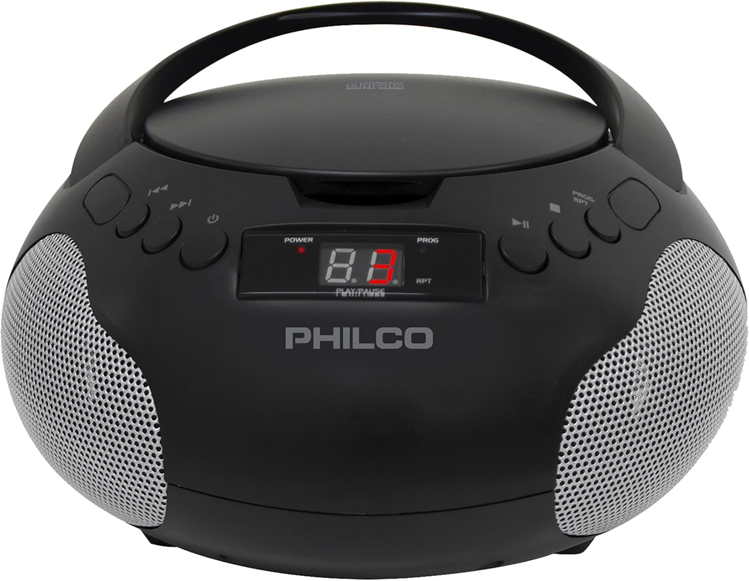 Philco Portable CD Player Boombox with Speakers and AM FM Radio | Black Boom Box Compatible with CD-R/CD-RW and Audio CD | 3.5mm Aux Input | Stereo Sound | LED Display | AC/Battery Powered