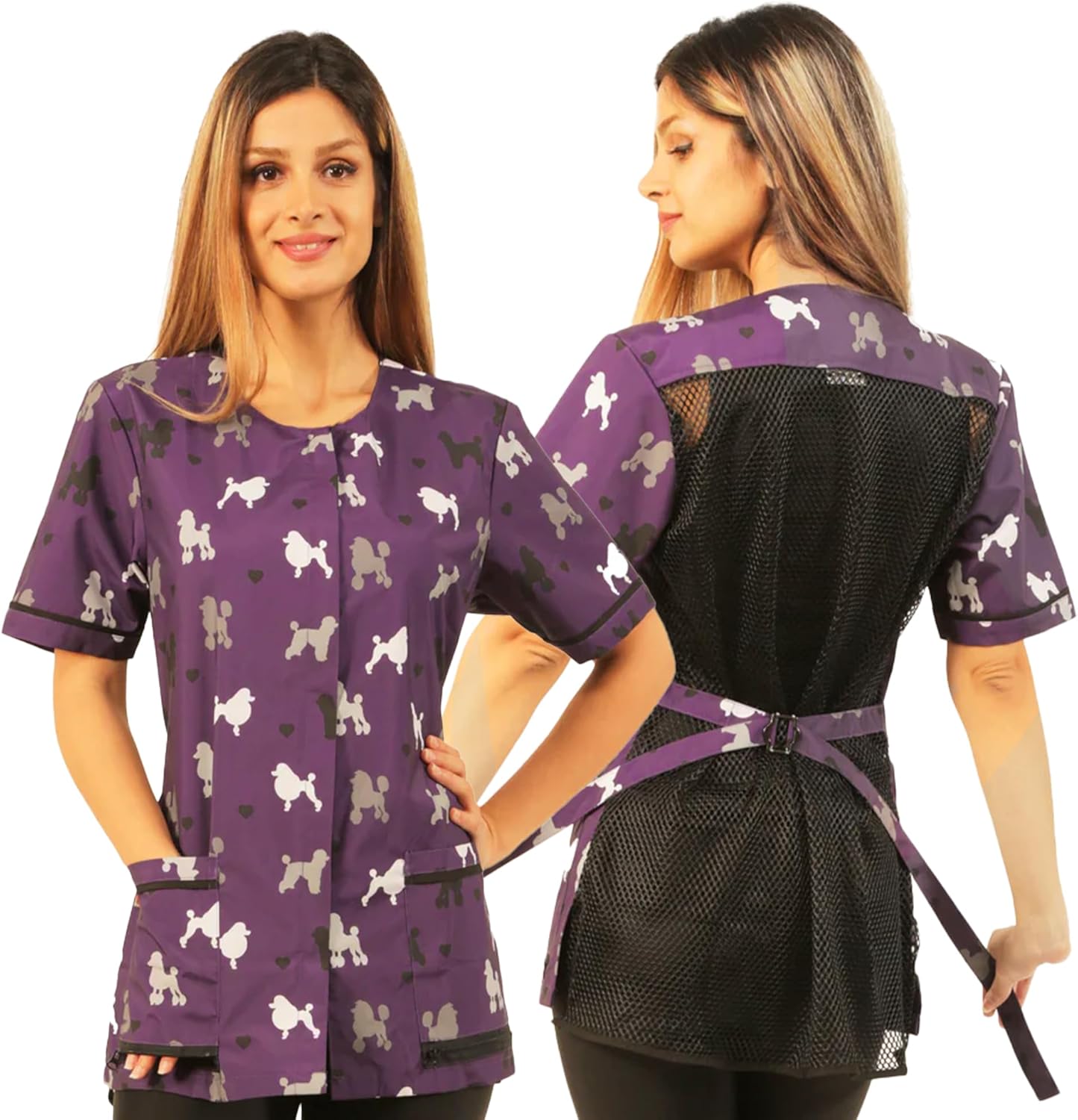 Ladybird Line 710 Purple Poodle Print Waterproof Dog Grooming Smock, Hair and Bleach Resistant with Covered Zipper Panel, Mesh Back, and Back Tie Belt, Ideal for Pet Groomers and Vet Clinics - Medium