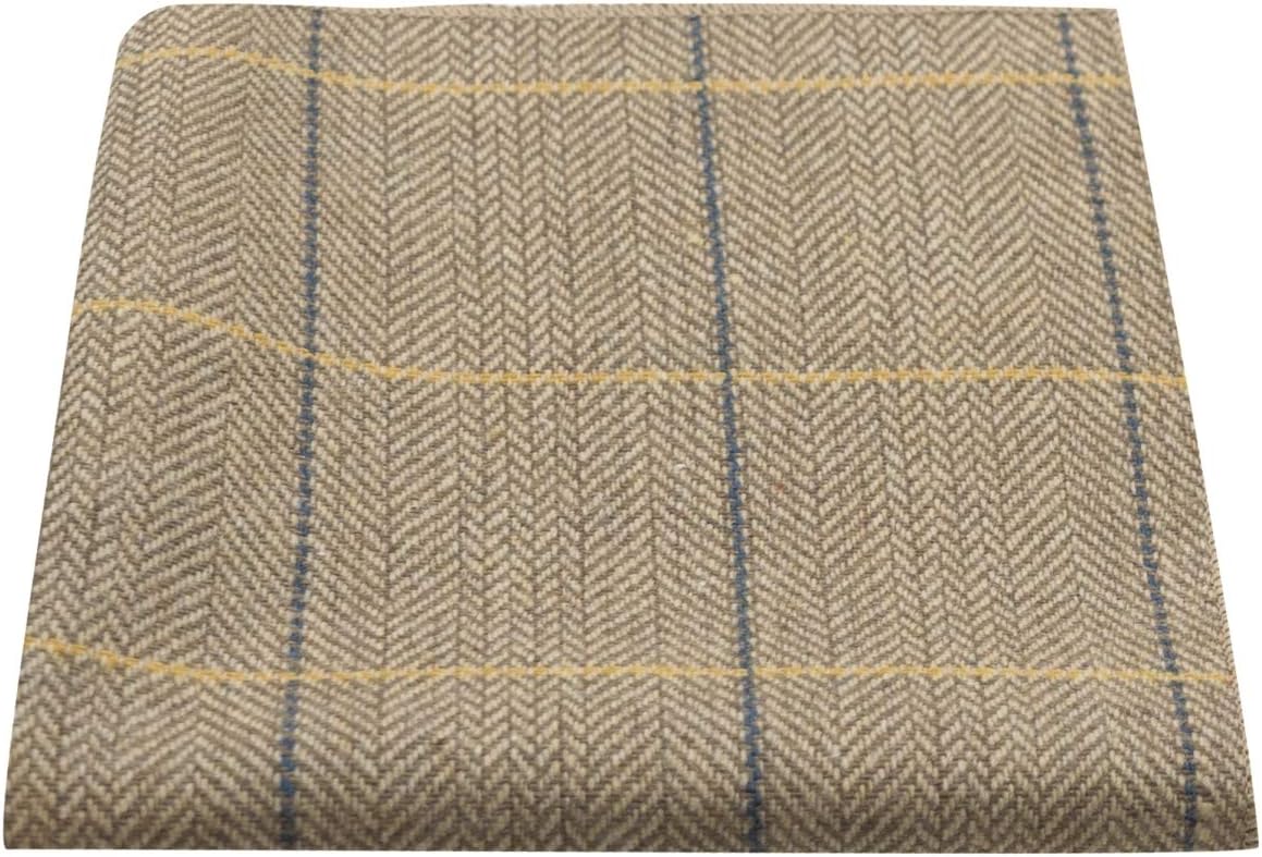 King & Priory Luxury Light Oak Herringbone Check Pocket Square, Handkerchief, Tweed
