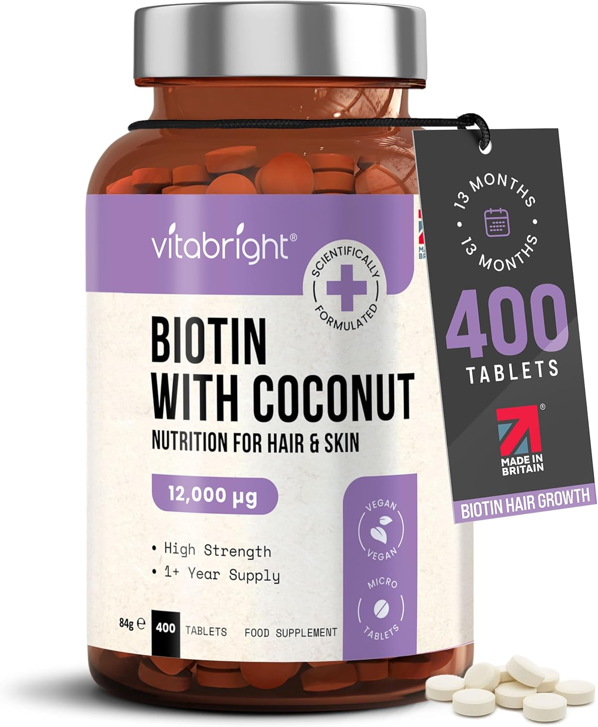 VitaBright Biotin Hair Growth Vitamins | 12000mcg | 400 D-Biotin Tablets with Coconut | Vegan Hair Vitamins for Women and Men | High Strength | Vitamin B7