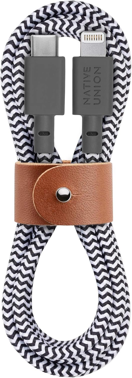 Native Union Belt Cable USB-C to Lightning - 1.2m(4ft) Ultra-Strong Reinforced Charging Cable with Leather Strap [MFi Certified] Compatible with iPhone 14, iPhone 13 and earlier (Zebra)