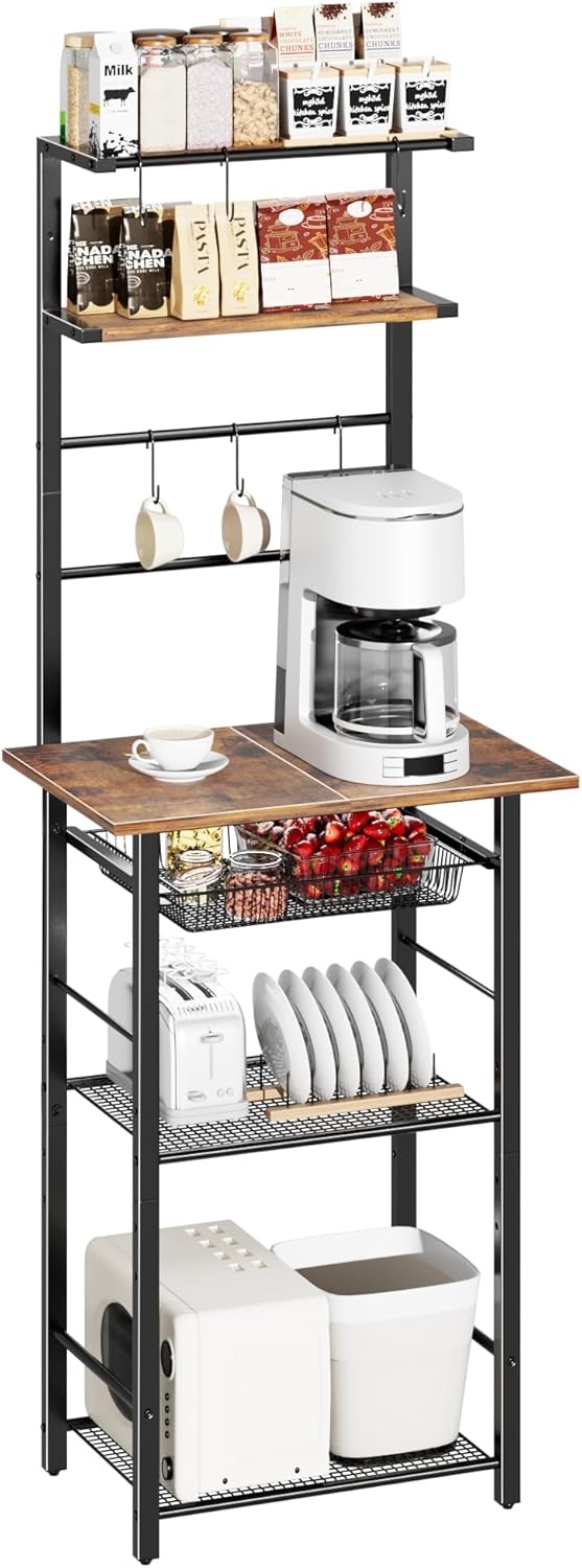 6-Tier Standing Baker's Racks with Storage, Microwave Stand with Storage, Coffee Bar Table with 6 S Hooks, Kitchen Storage Shelf with Wire Basket, for Kitchen, Office, Rustic Brown