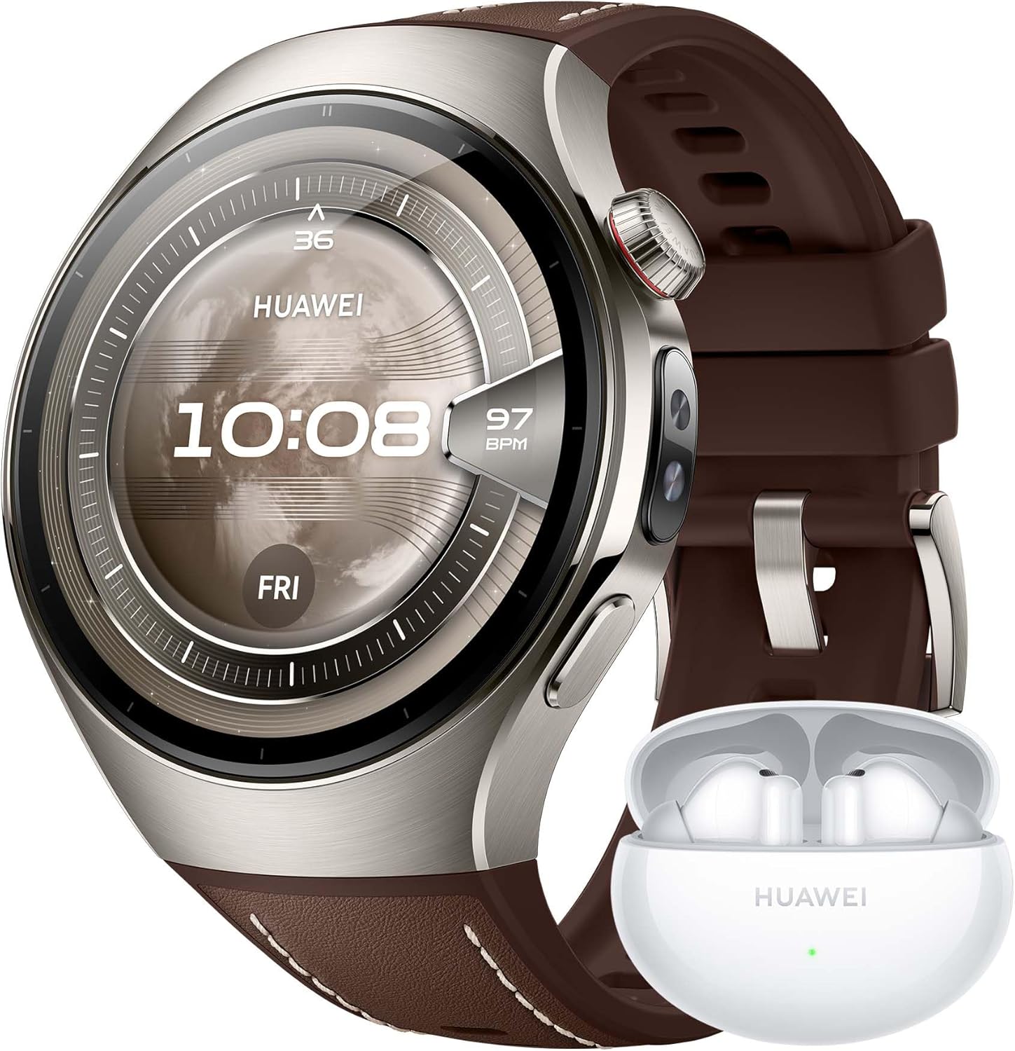 HUAWEI WATCH 5 46mm Brown + FreeBuds 6i White, Multi-sensing X-TAP, Real-Time Fingertip Blood Oxygen, up to 11 Days Battery Life, eSIM, Aerospace-Grade Titanium/Stainless Steel, iOS & Android