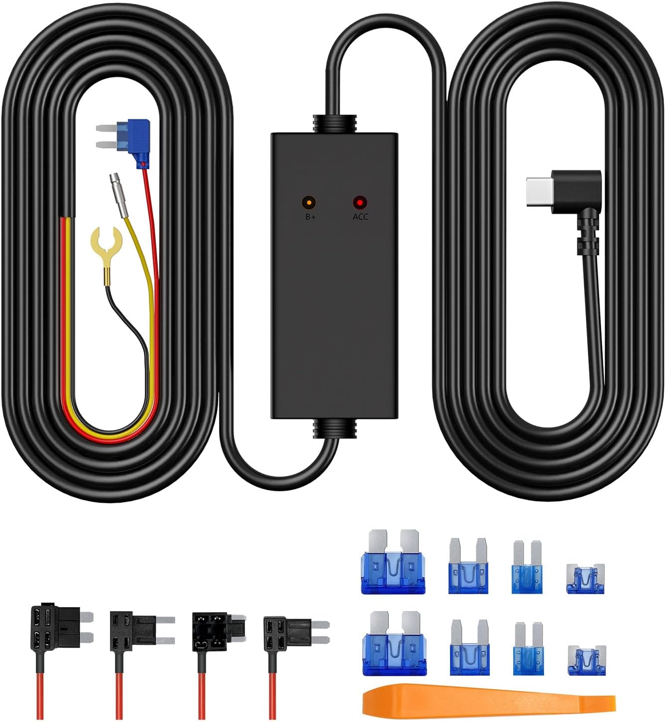 3.5meters Type-C Dash Cam Hardwire Kit (V5F), 12V-24V to5V 3A Car Dashboard Cam Charger Power Cable with 4 Fuse Taps, Low Voltage Protection for V100/S50/S80/S90