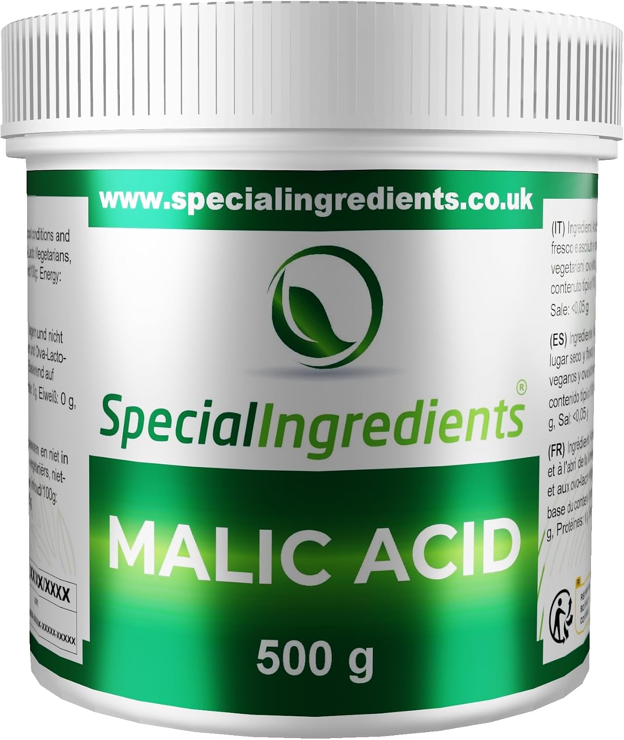 Special Ingredients Malic Acid Powder 1kg Premium Quality Natural Origin - Vegan, Non-GMO - Recyclable Container