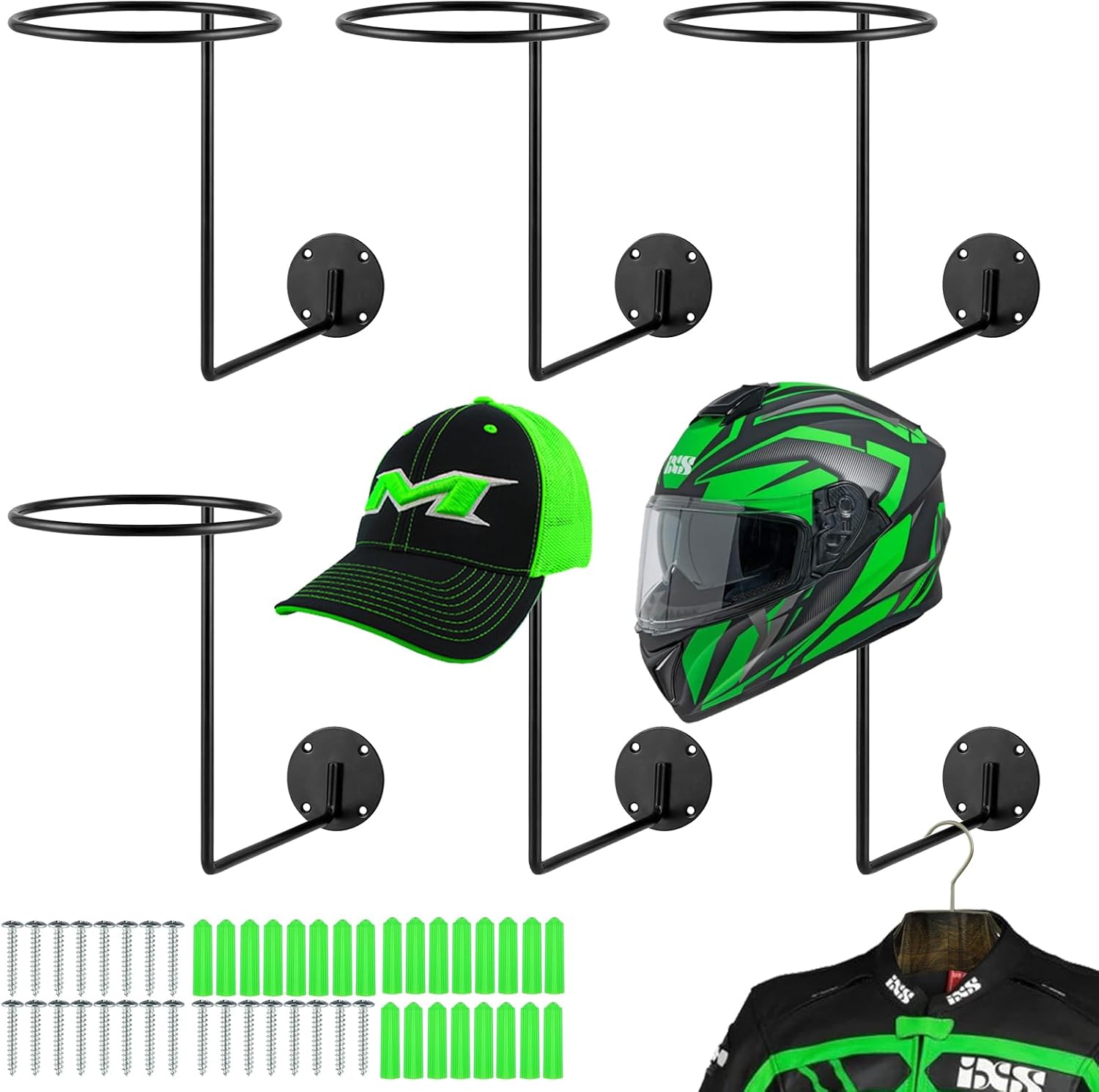 6 Pack Metal Helmet Hangers, Ball Holder Rack with Screws, Wall Mount Display Hooks for Helmets, Caps, Hats, Wigs, Basketball, Volleyball, Football, Riding Jackets, Coats