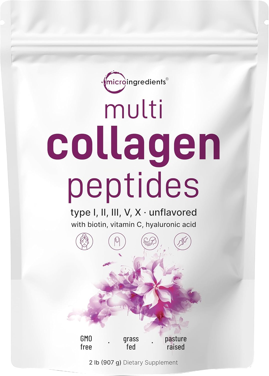 Micro Ingredients Multi Collagen Peptides Powder, 2lb | Type I, II, III, V, X + Biotin, Vitamin C & Hyaluronic Acid | Unflavored | Supports Hair, Skin & Joint Health | Keto, Non-GMO