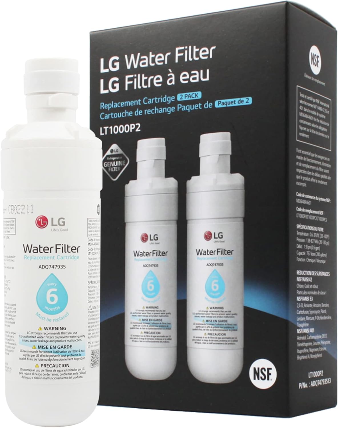 LG LT1000P2 6-Month / 200 Gallon Refrigerator Replacement Water Filter, Reduces Chlorine, 2 Count (Pack of 1), White.